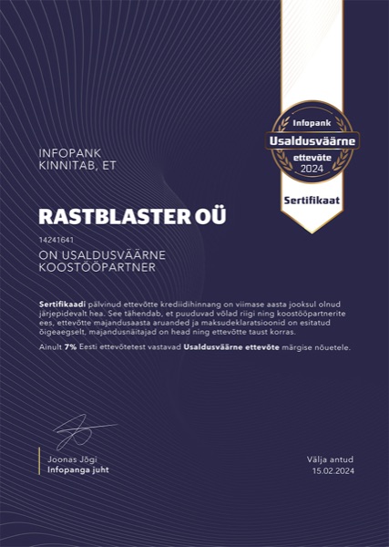 Infopank – Usaldusväärne ettevõte 2024 sertifikaat Rastblaster OÜ